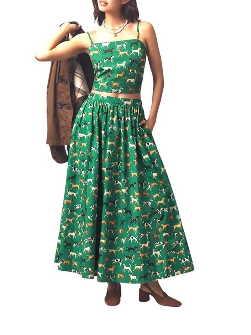 Anthropologie The Jacie Poplin Printed Maxi Green Dog Skirt By Maeve - L